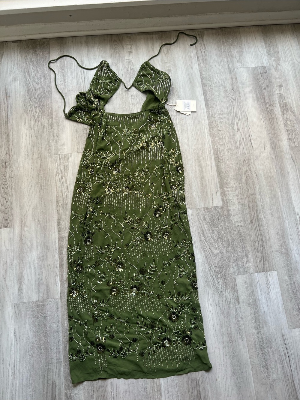 Peppermayo Olive Green Beaded Backless Slip Dress